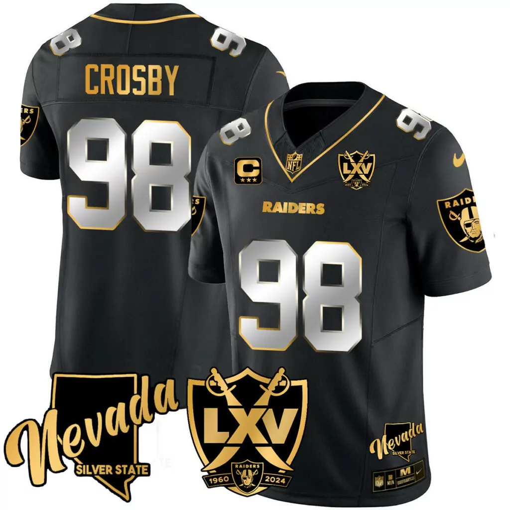 Maxx Crosby 98 Raiders Jersey Black Lxv 1960 2024 Men Player Gold Silver Anniversary