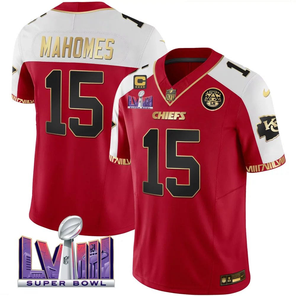Patrick Mahomes 15 Jersey Red Super Bowl Lviii Kansas City Chiefs Men White Gold