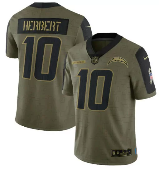 Justin Herbert 10 Chargers Jersey Olive Green Salute To Service 100th Anniversary