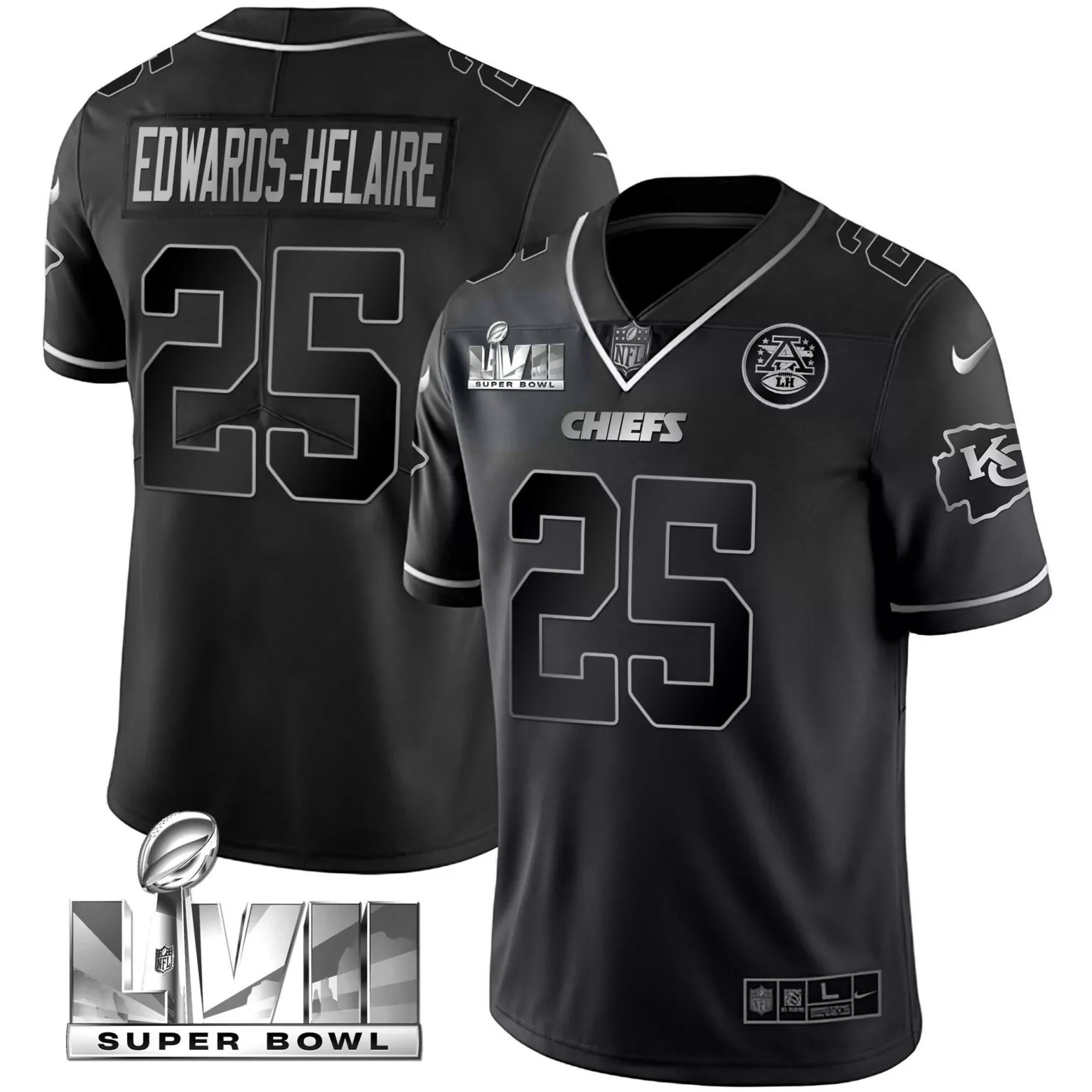 Clyde Edwards 25 Chiefs Jersey Black Super Bowl Lvii Men Silver Vapor All Stitched