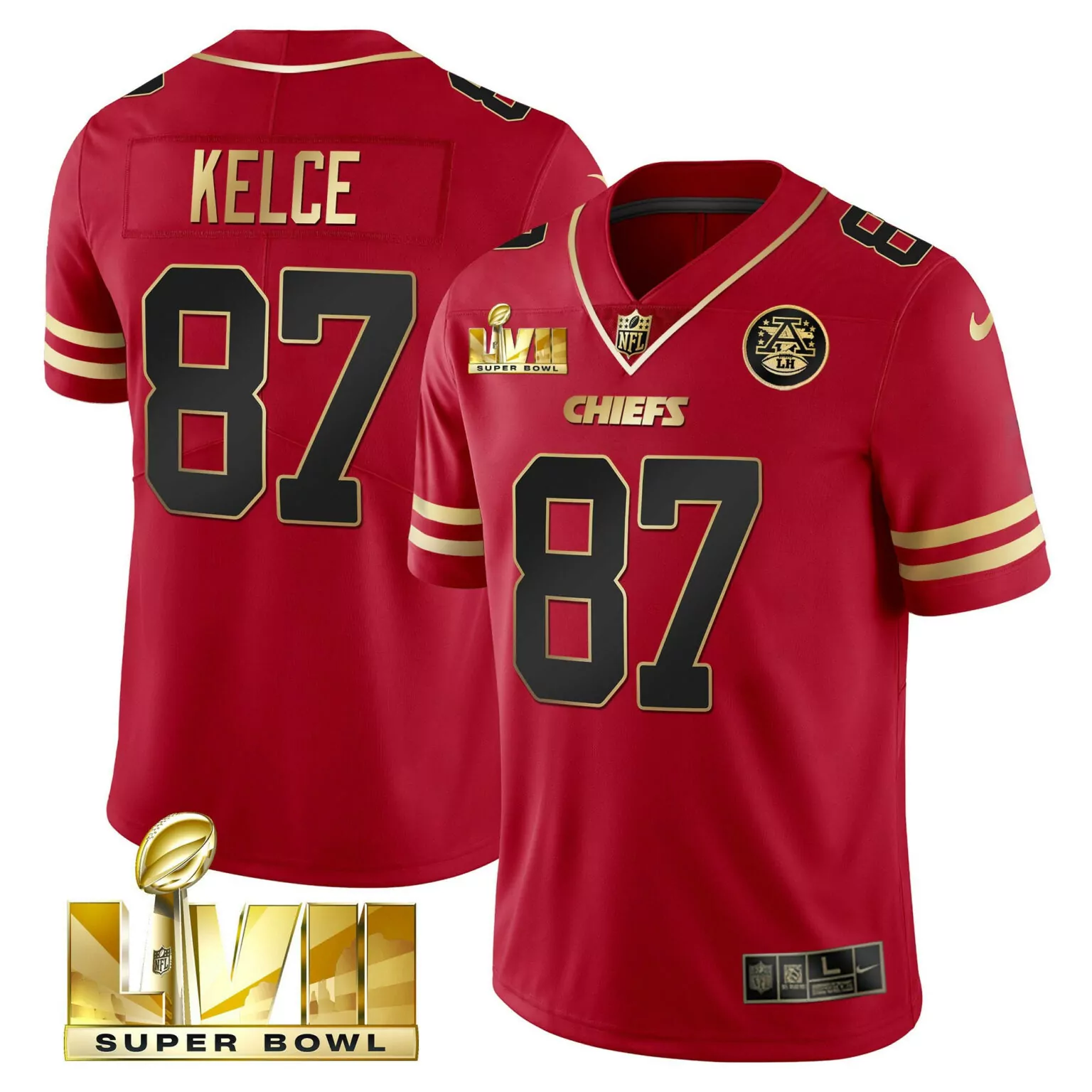 Travis Kelce 87 Chiefs Jersey Red Super Bowl Lviii Men Gold Black All Stitched