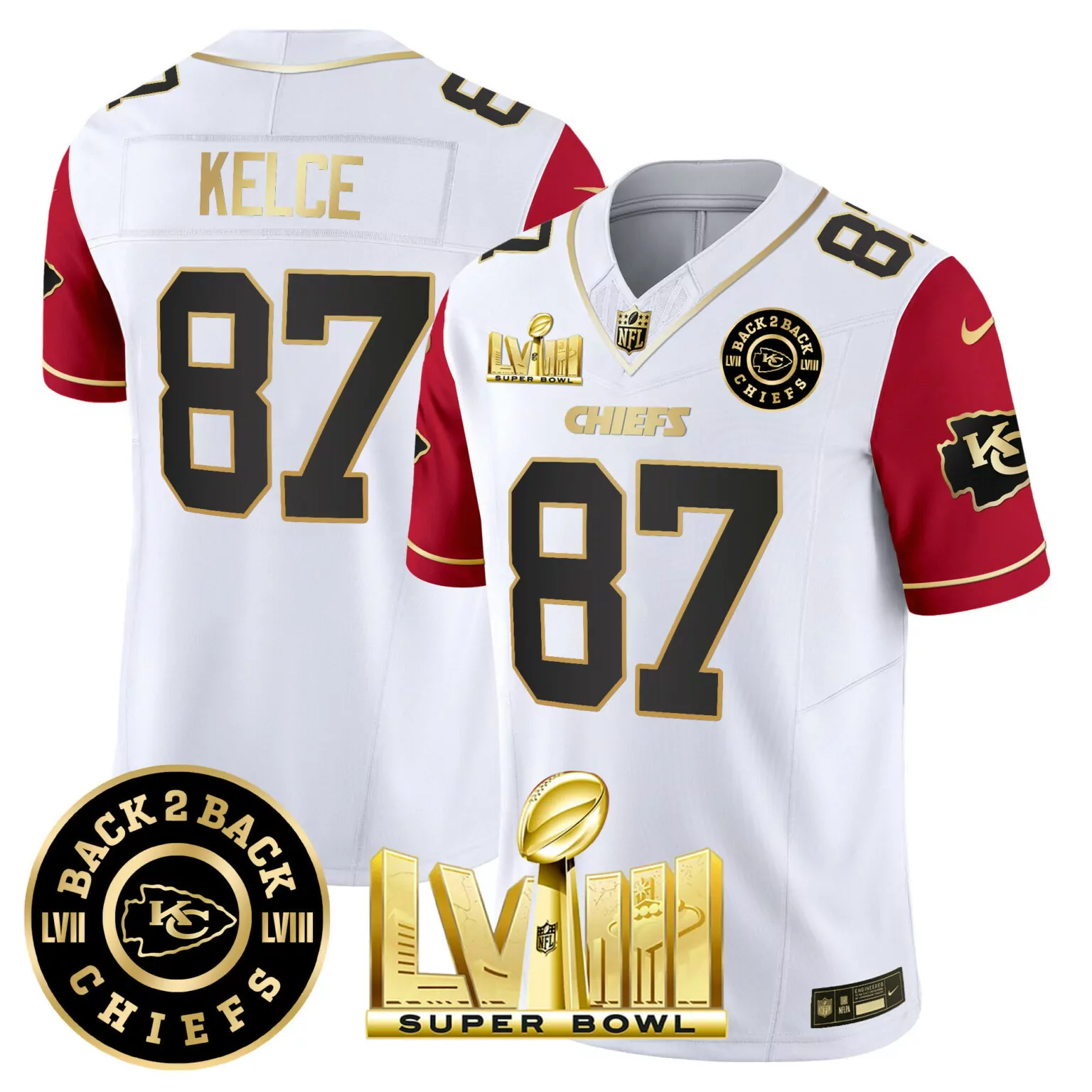 Travis Kelce 87 Jersey White Super Bowl Lvii & Lviii Champions Kansas City Chiefs