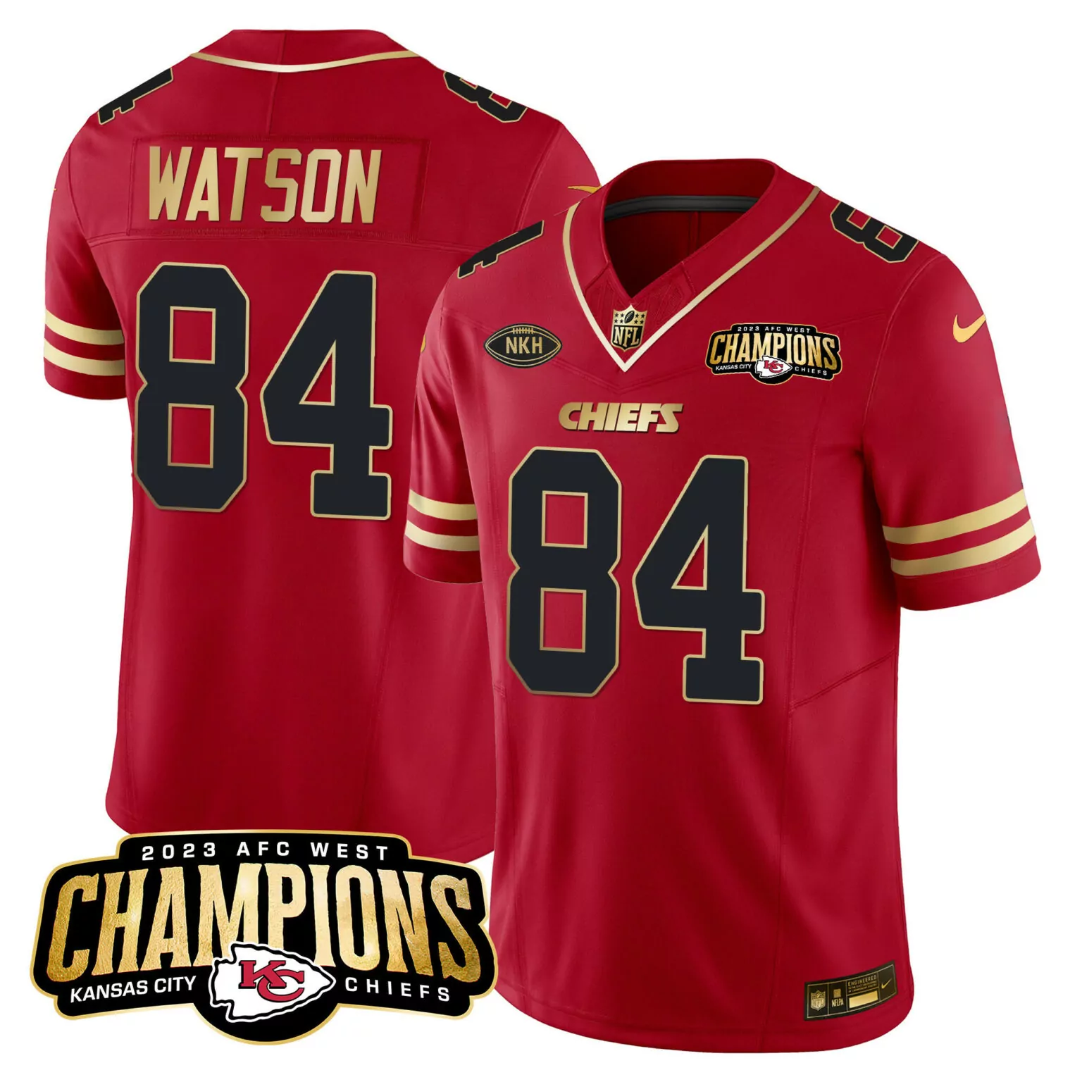 Justin Watson 84 Jersey Red 2023 AFC West Champions Kansas City Chiefs Men Gold Black
