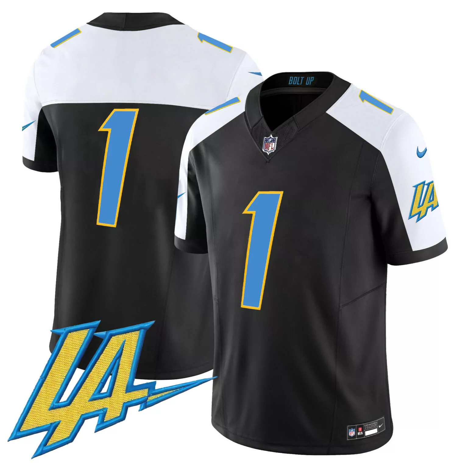 Los Angeles Chargers 1 Jersey Black Men Replica Alternate White Blue Yellow v2 All
