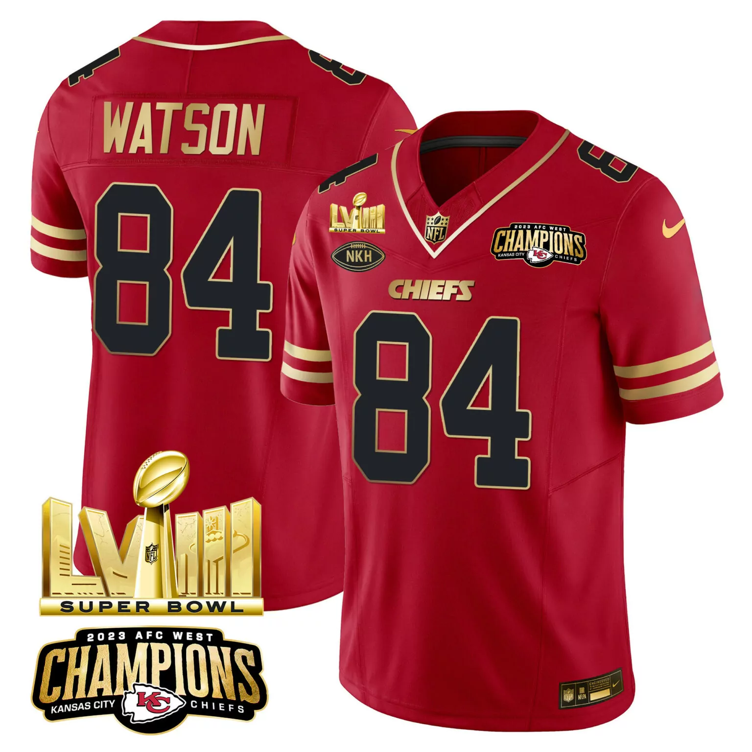 Justin Watson 84 Jersey Red 2023 AFC West Champions Kansas City Chiefs Super Bowl Lvii
