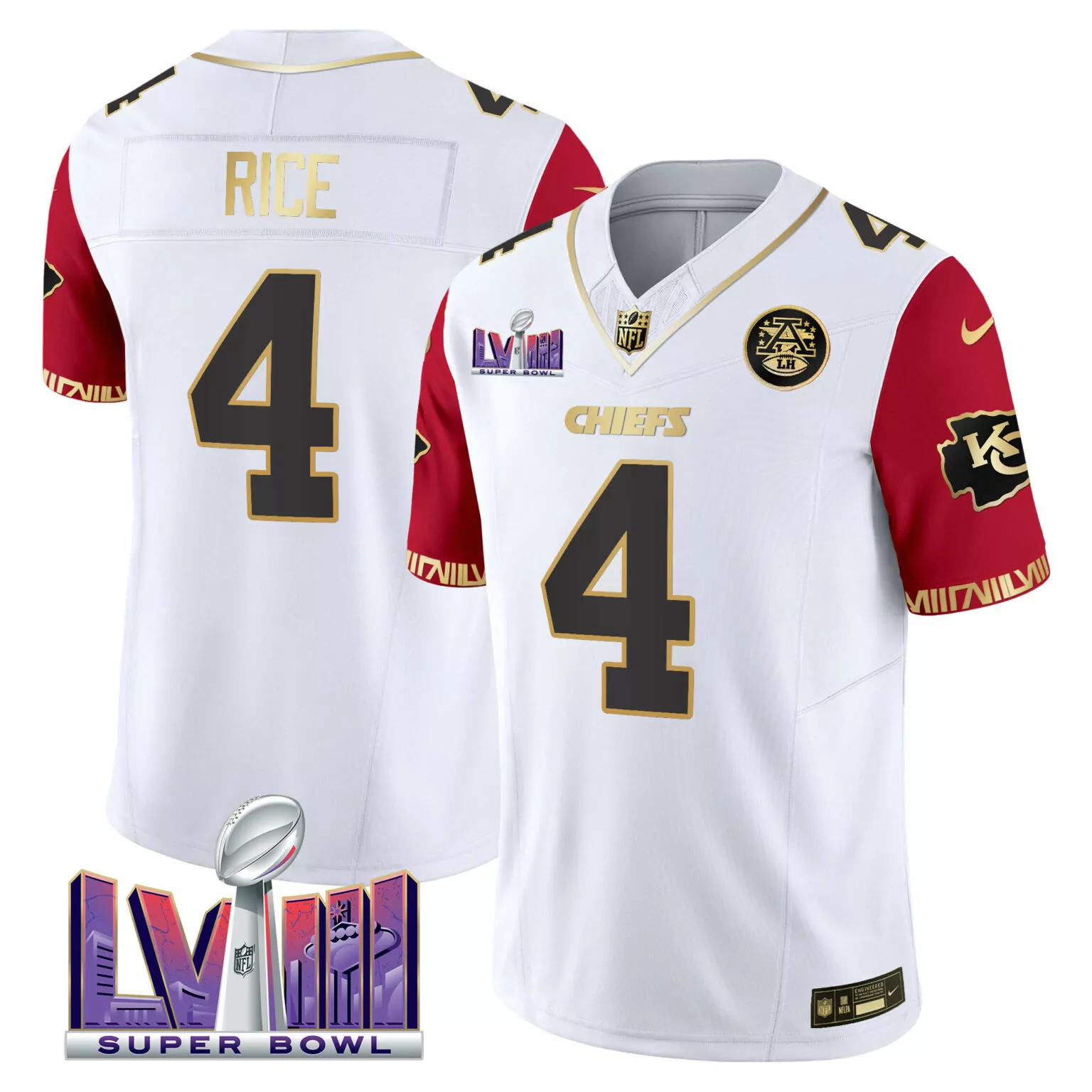 Rashee Rice 4 Kansas City Chiefs Jersey White Super Bowl Lviii AFC Championship Men