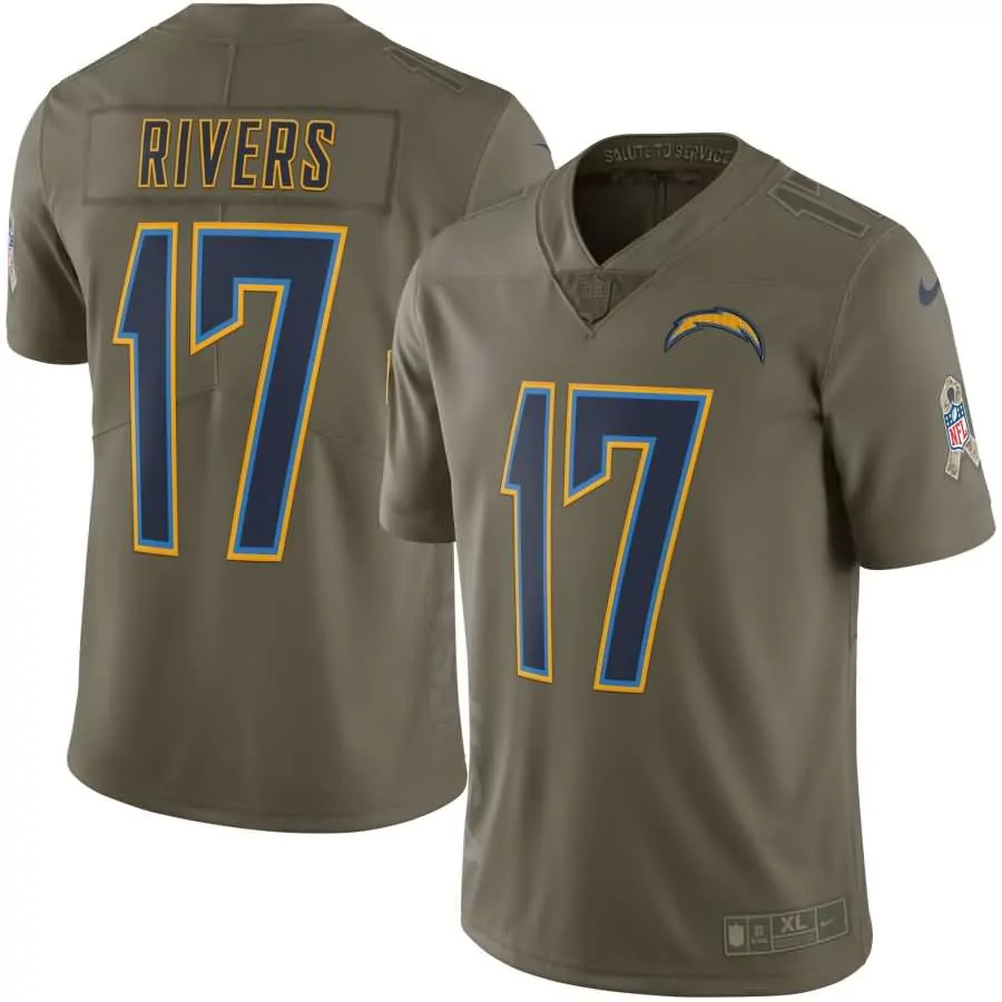 Philip Rivers 17 Chargers Jersey Olive Salute To Service Men Alternate Navy Yellow