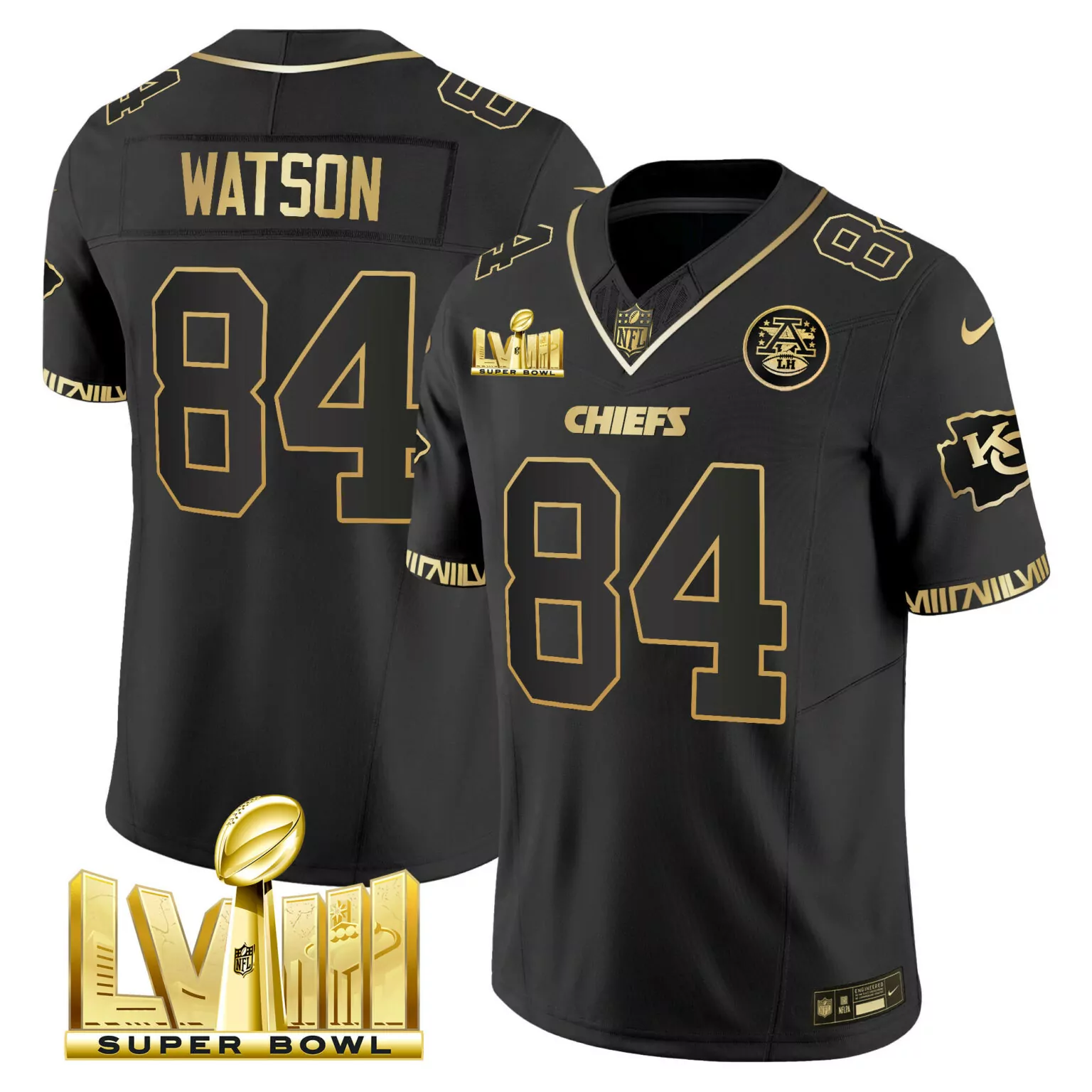 Justin Watson 84 Chiefs Jersey Black Super Bowl Lviii Men Authentic Gold All Stitched
