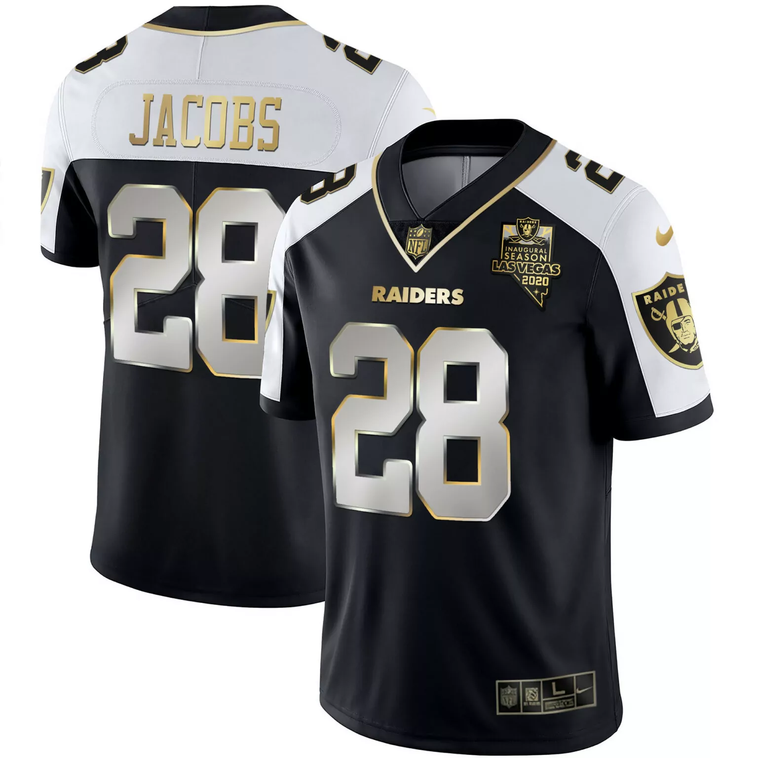 Josh Jacobs 28 Raiders Jersey Black Inaugural Season Las Vegas 2020 Men White Gold