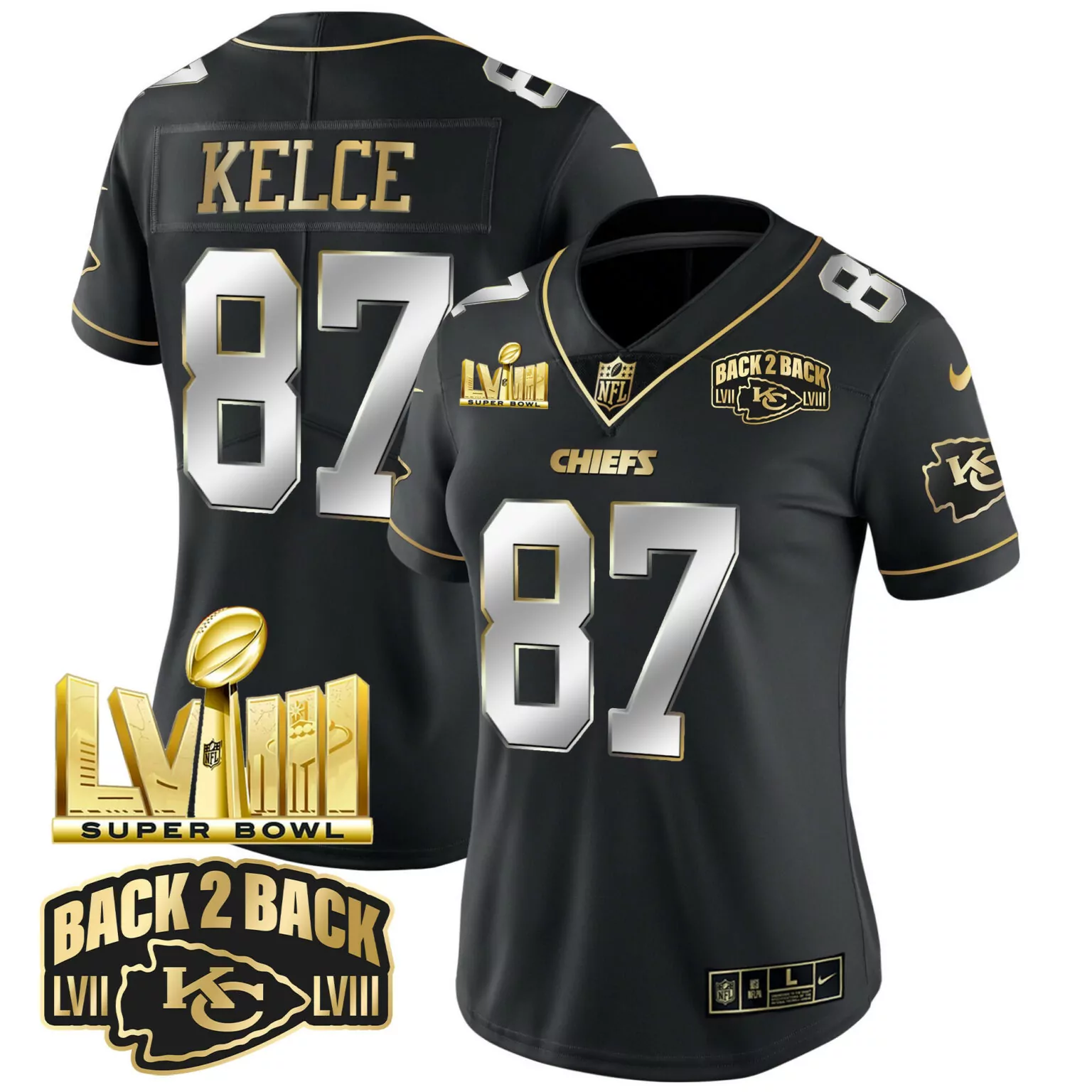Travis Kelce 87 Chiefs Jersey Black Super Bowl Champions Lvii Lviii Men Player Gold