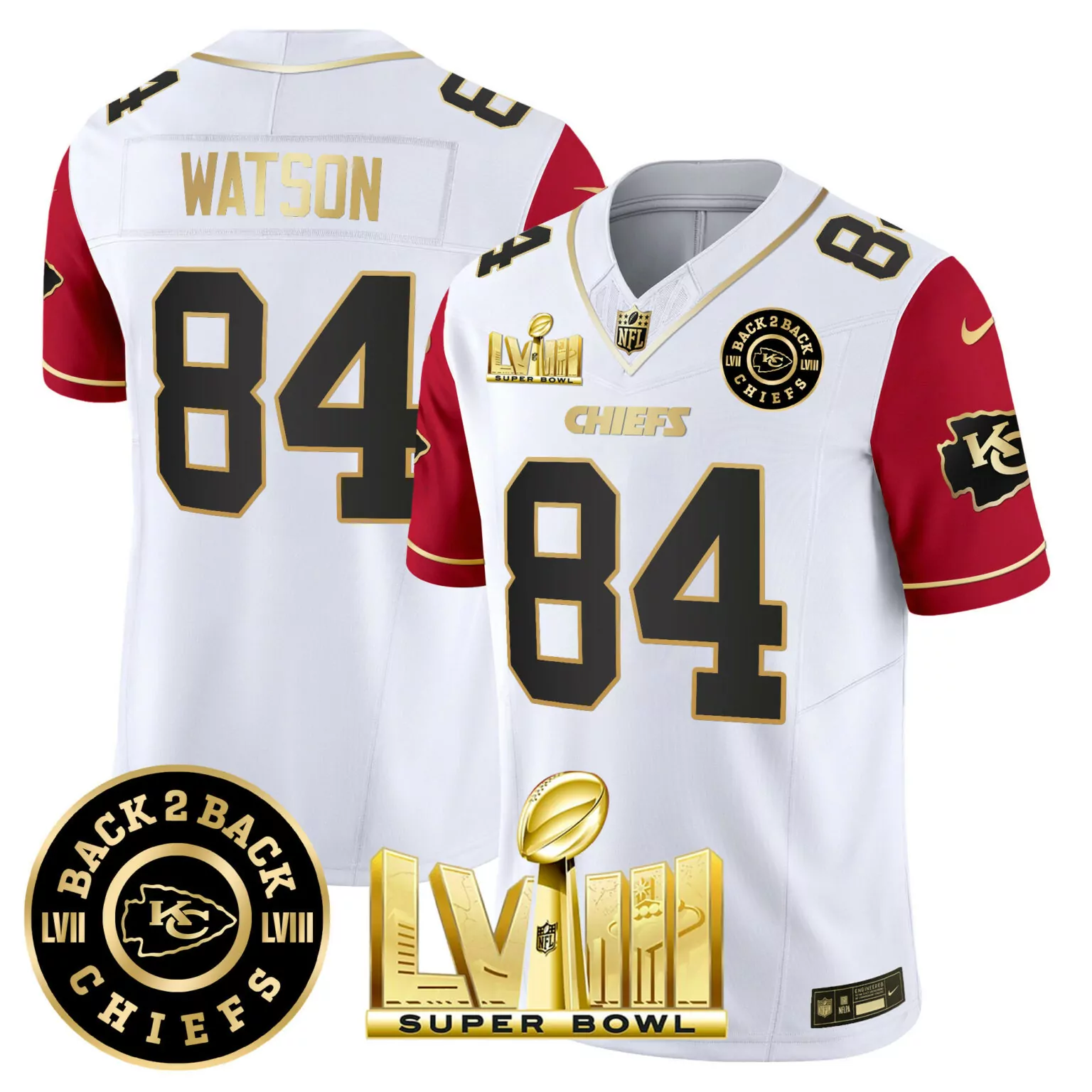 Watson 84 Chiefs Jersey White Super Bowl Lviii Champions Men Player Alternate Red
