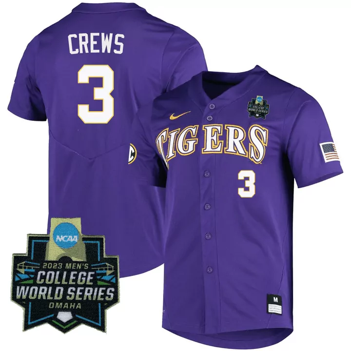 Crews 3 Tigers Jersey Purple College World Series 2023 Men Gold White Vapor Limited