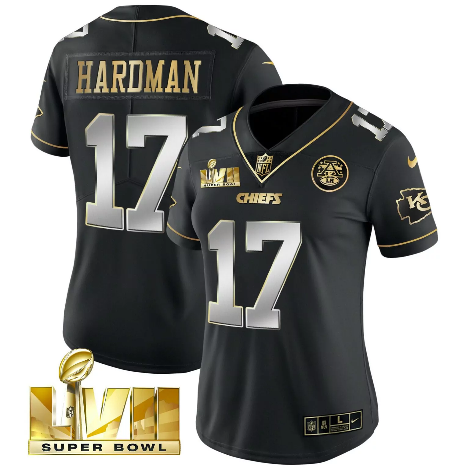 Mecole Hardman 17 Chiefs Jersey Black Super Bowl Lvii Men NFL Gold Silver Vapor All