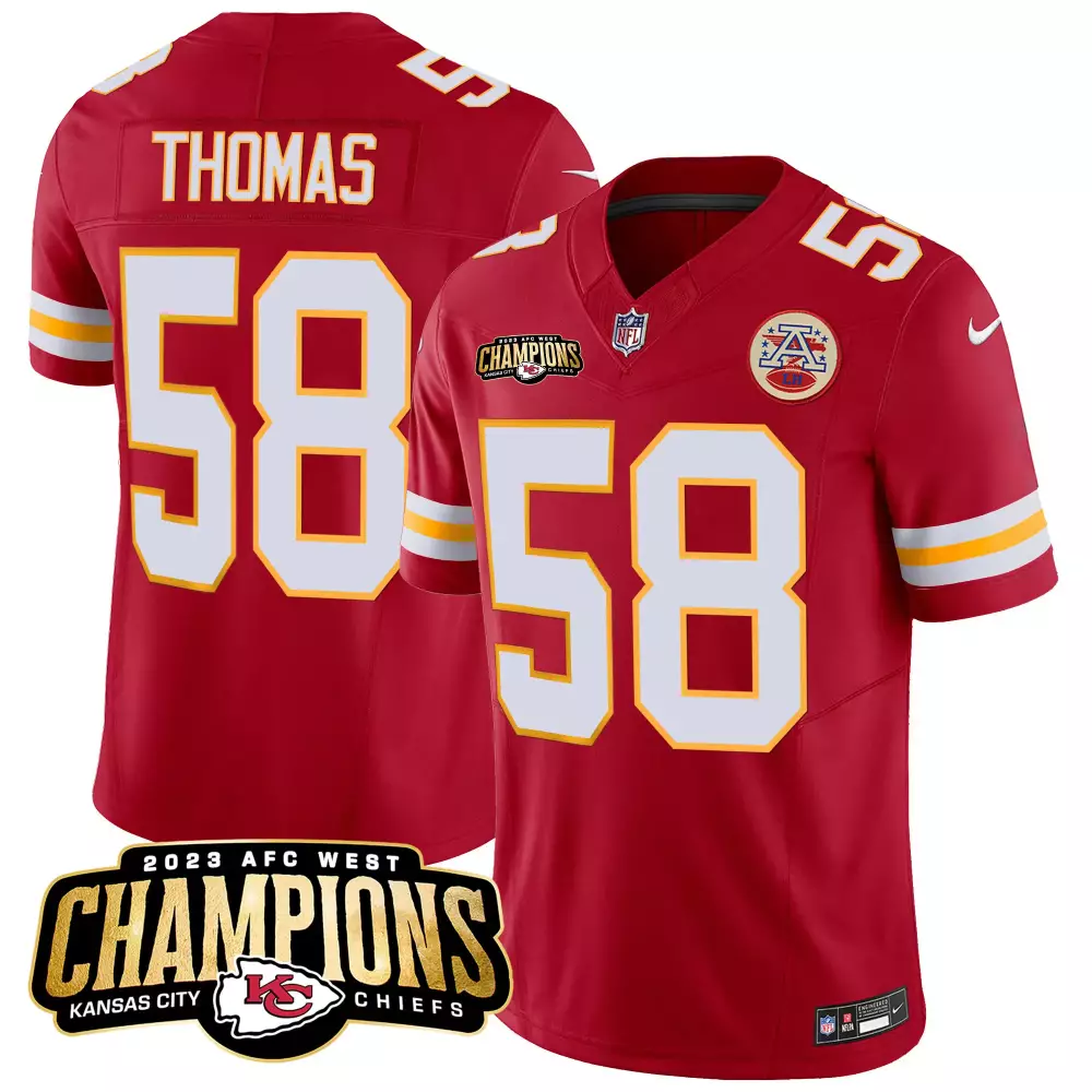 Thomas 58 Kansas City Chiefs Jersey Red AFC West Champions 2023 Men White Yellow