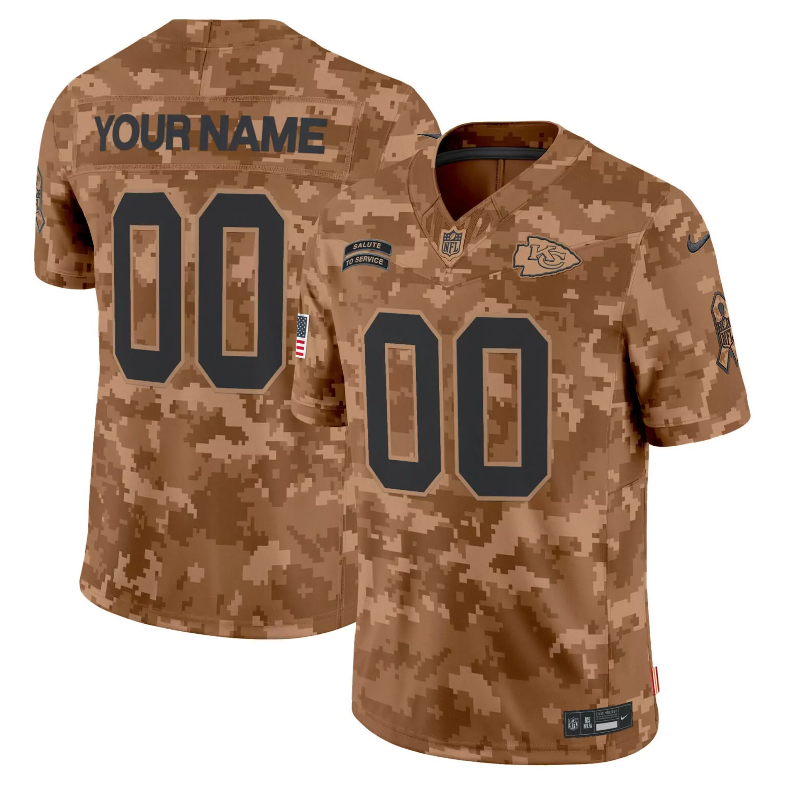 Custom Kansas City Chiefs Jersey Brown Salute To Service American Flag Breast Cancer Awareness Ribbon