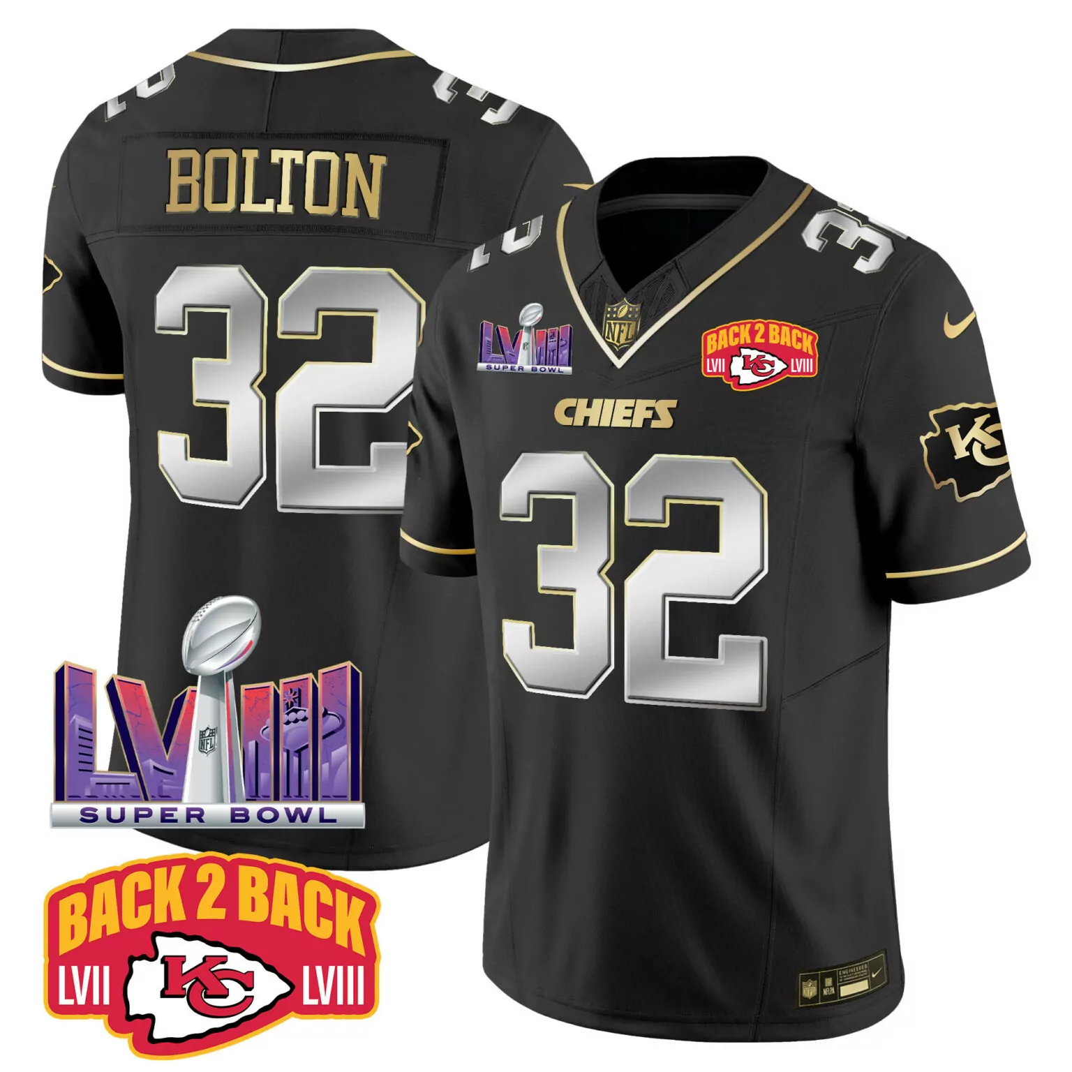 Nick Bolton 32 Chiefs Jersey Black Back 2 Super Bowl Lvii Lviii 2023 Men Player Gold