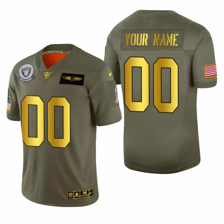 Custom Raiders Jersey Olive Green Military Appreciation Football Us Flag Men Gold