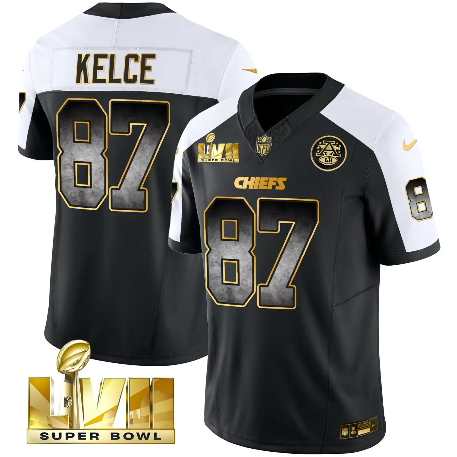 Travis Kelce 87 Chiefs Jersey Black Super Bowl Lvii AFC Men White Gold Alternate