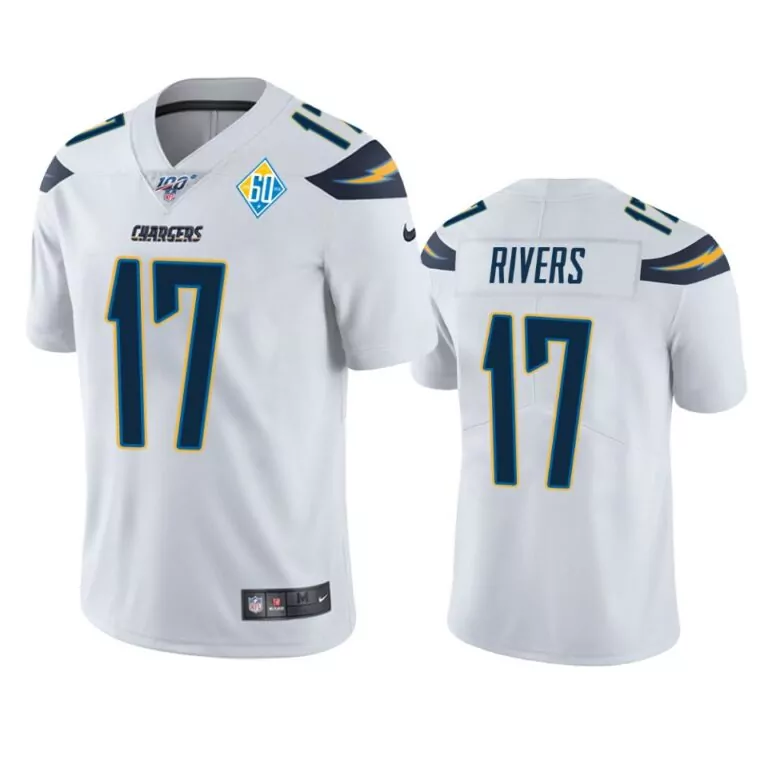 Philip Rivers 17 Chargers Jersey White 100th Season Men Alternate Navy Blue Gold