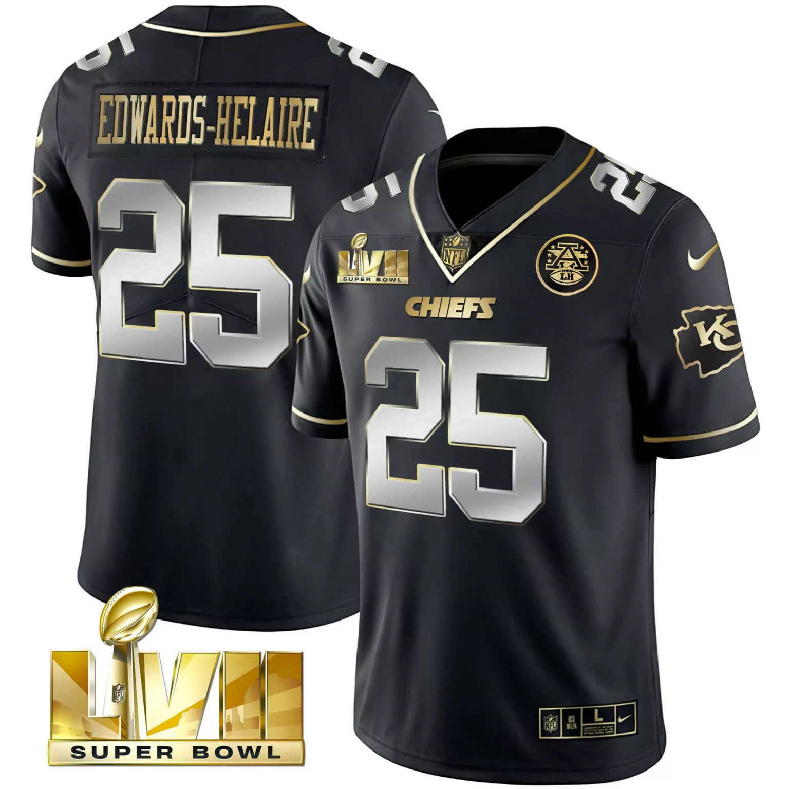 Clyde Edwards 25 Chiefs Jersey Black Super Bowl Lvii Men Gold Silver Vapor All Stitched