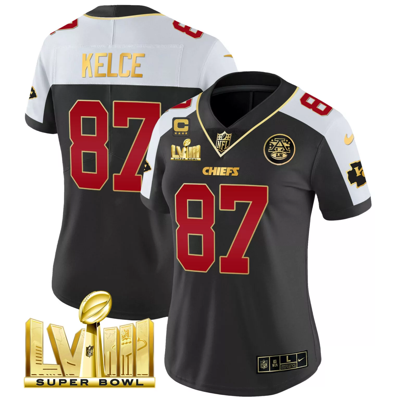 Travis Kelce 87 Chiefs Jersey Black Super Bowl Lviii Men Player Alternate Split Design