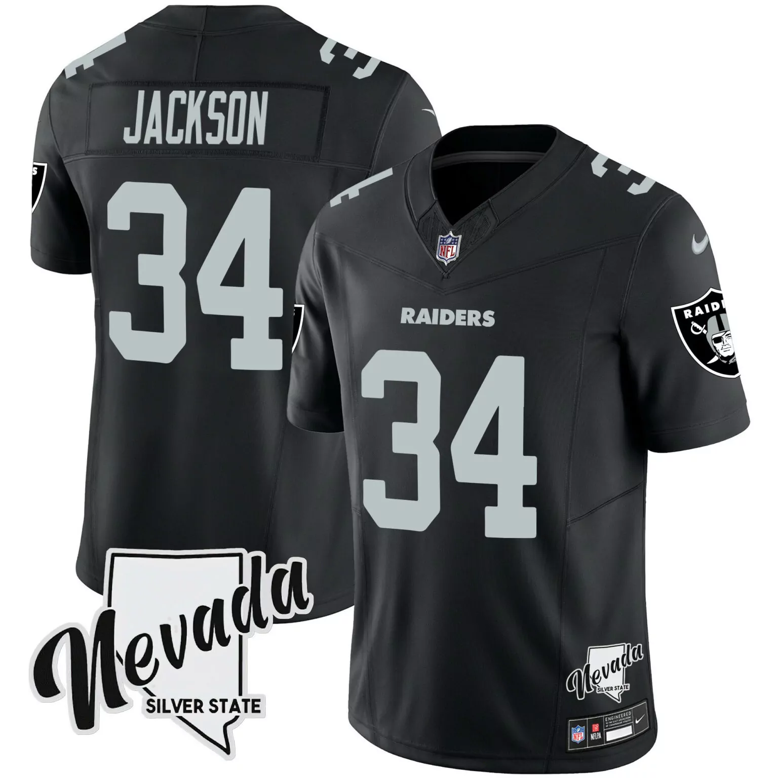 Bo Jackson 34 Raiders Jersey Black Nevada Silver State Men Replica v2 All Stitched