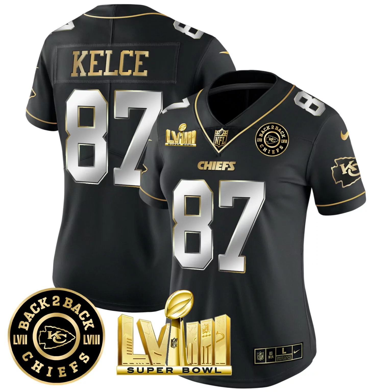 Travis Kelce 87 Chiefs Jersey Black Super Bowl Lvii & Lviii Champions 2023 Men Player
