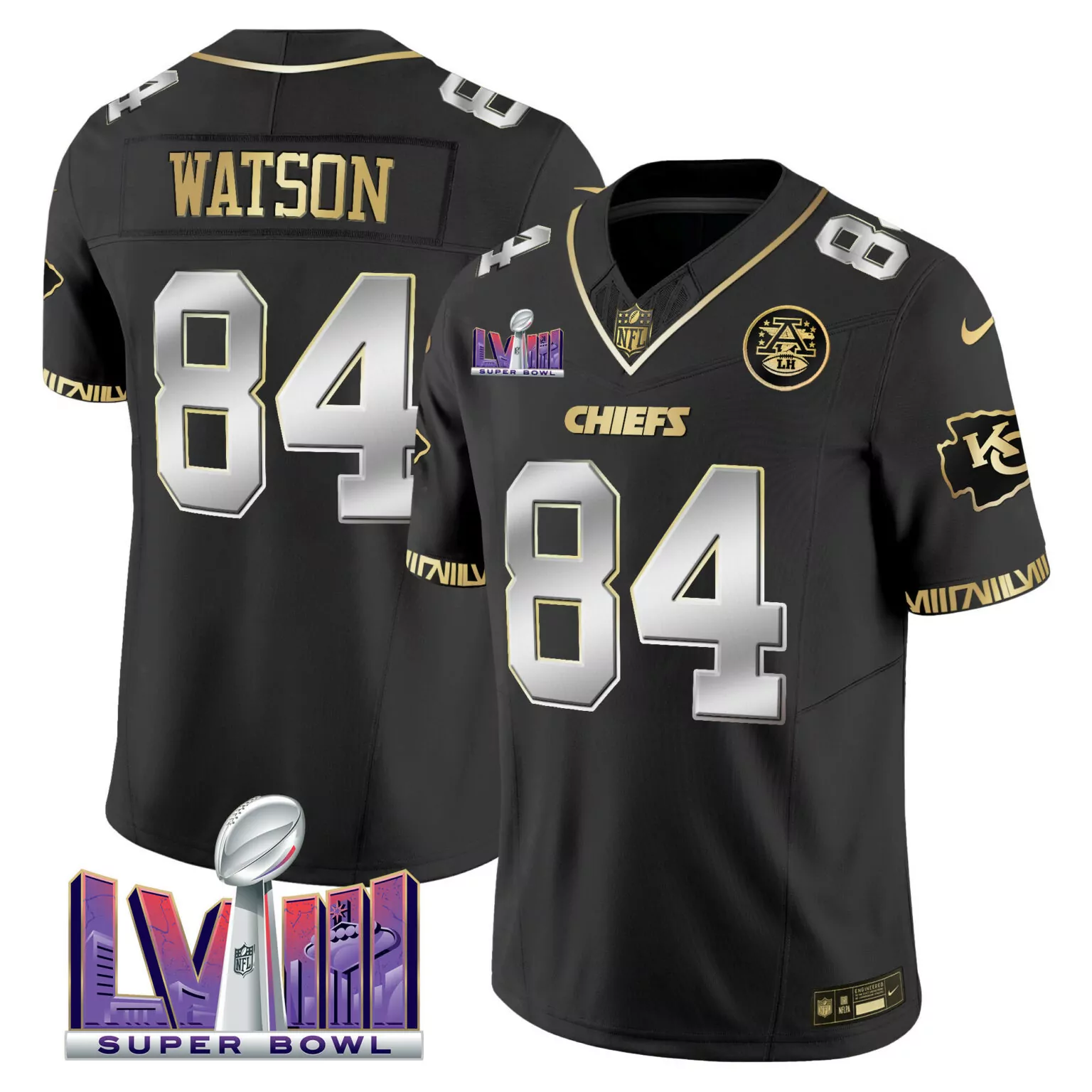 Justin Watson 84 Chiefs Jersey Black Super Bowl Lviii Men Player Gold Silver All