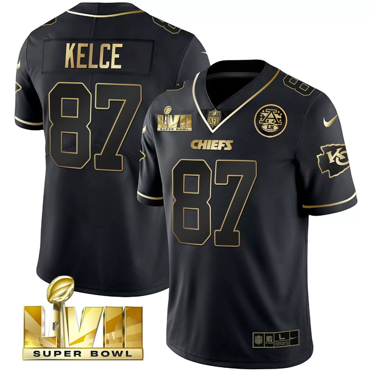 Travis Kelce 87 Chiefs Jersey Black Super Bowl Lvii Men Player Gold Vapor v2 All