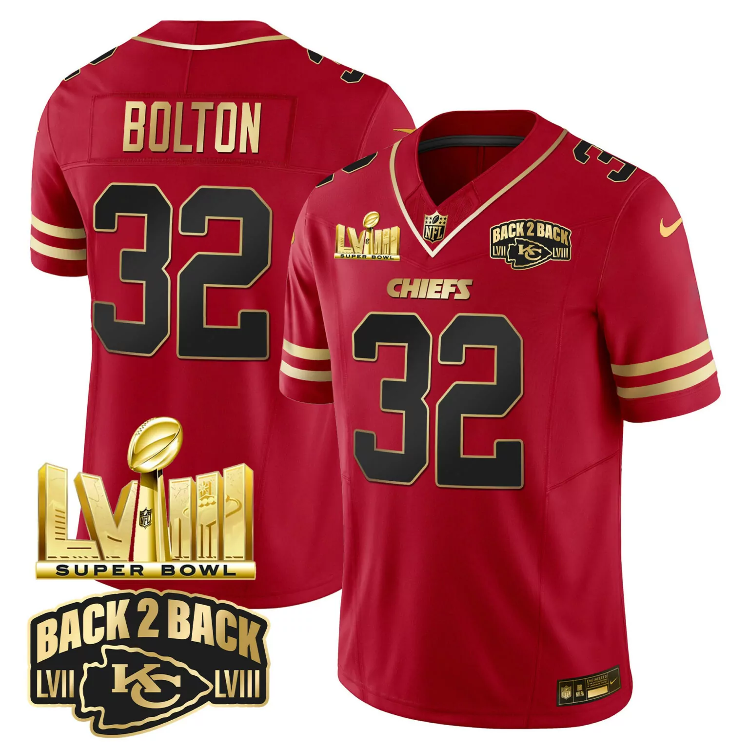 Nick Bolton 32 Kansas City Chiefs Jersey Red Super Bowl Lviii Champions Men NFL Gold