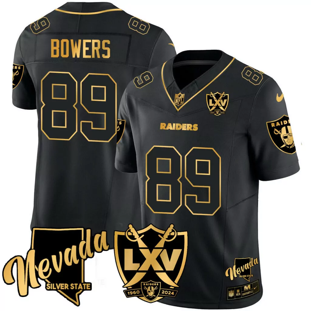 Brock Bowers 89 Raiders Jersey Black Lxv Men Gold Anniversary All Stitched