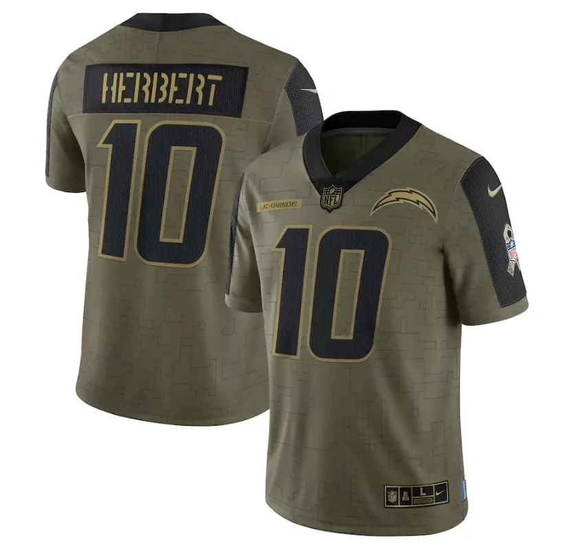 Justin Herbert 10 Jersey Olive Green Salute To Service Los Angeles Chargers Men NFL Game