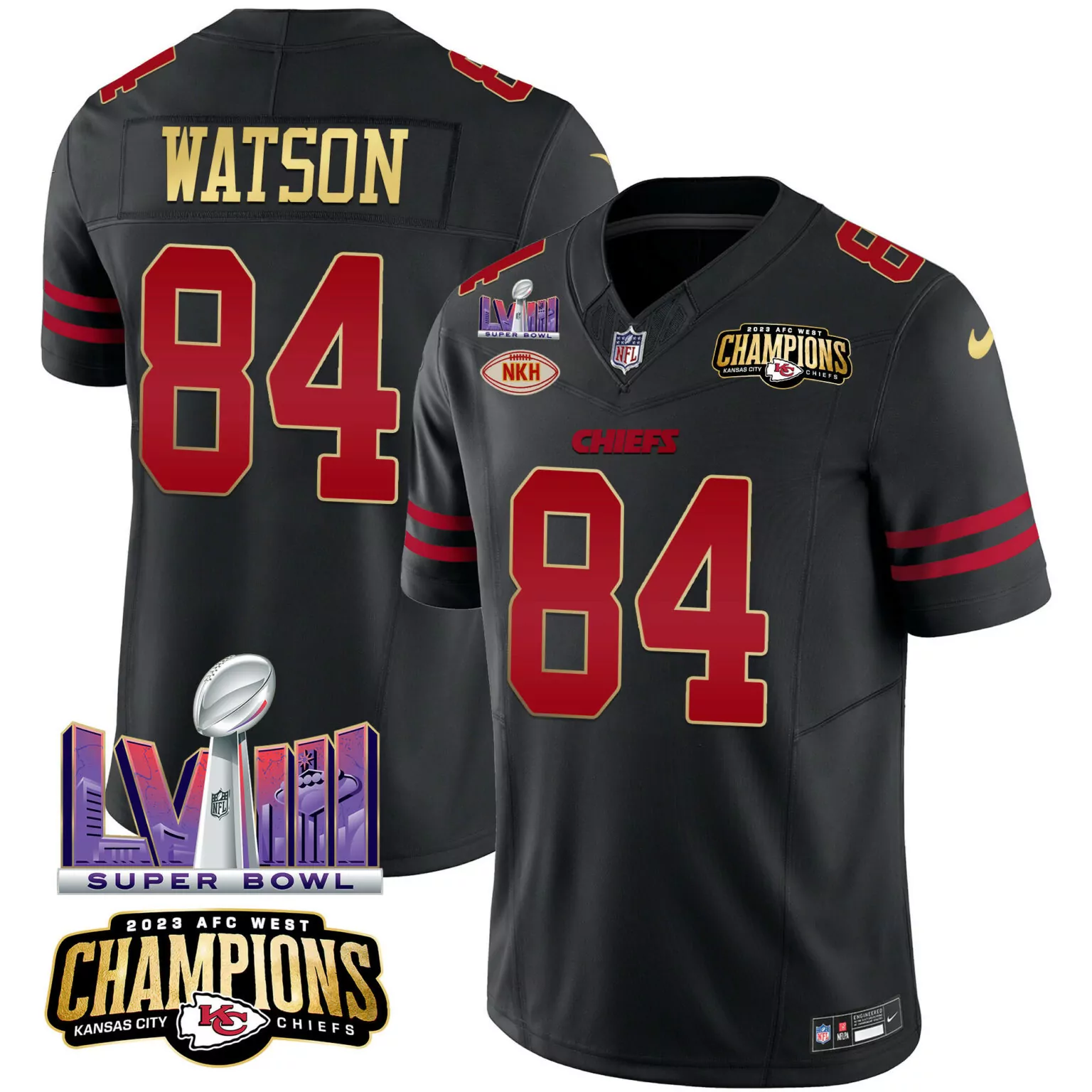 Justin Watson 84 Chiefs Jersey Black AFC West Champions 2023 Super Bowl Lviii Men