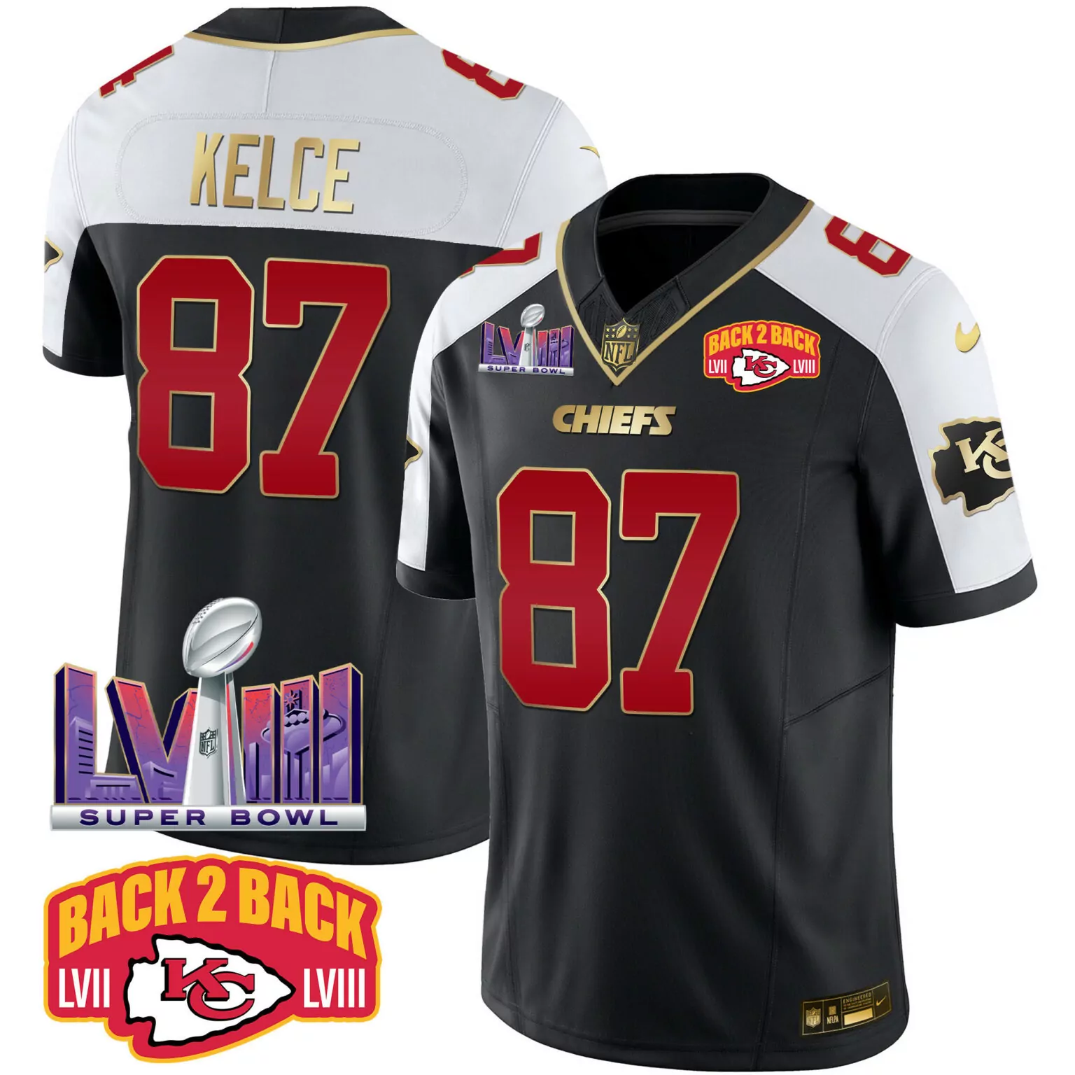 Travis Kelce 87 Jersey Black Back 2 Super Bowl Champions Kansas City Chiefs Lvii Lviii