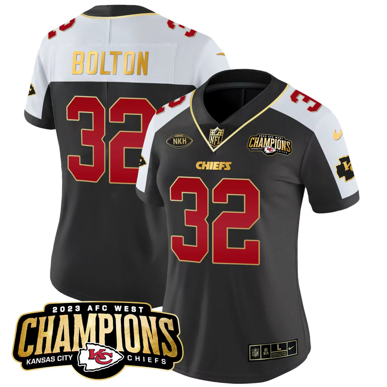 Nick Bolton 32 Kansas City Chiefs Jersey Black AFC West Champions 2023 Women Alternate