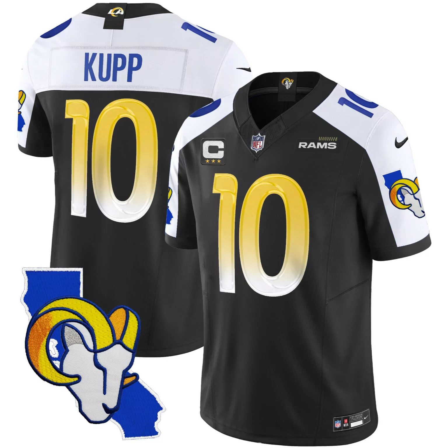 Cooper Kupp 10 Rams Jersey Black Men Standard Alternate Split Design White Blue Yellow