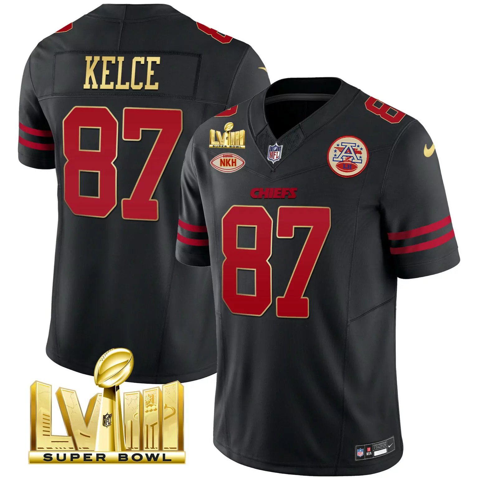 Travis Kelce 87 Chiefs Jersey Black Super Bowl Lvii Nkh Men Red Gold v2 All Stitched