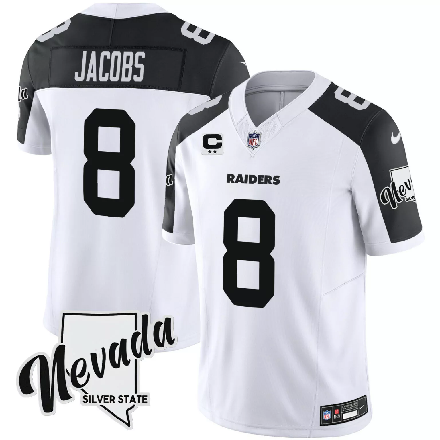Josh Jacobs 8 Raiders Jersey White Nevada Silver State Captain Men Player Black All