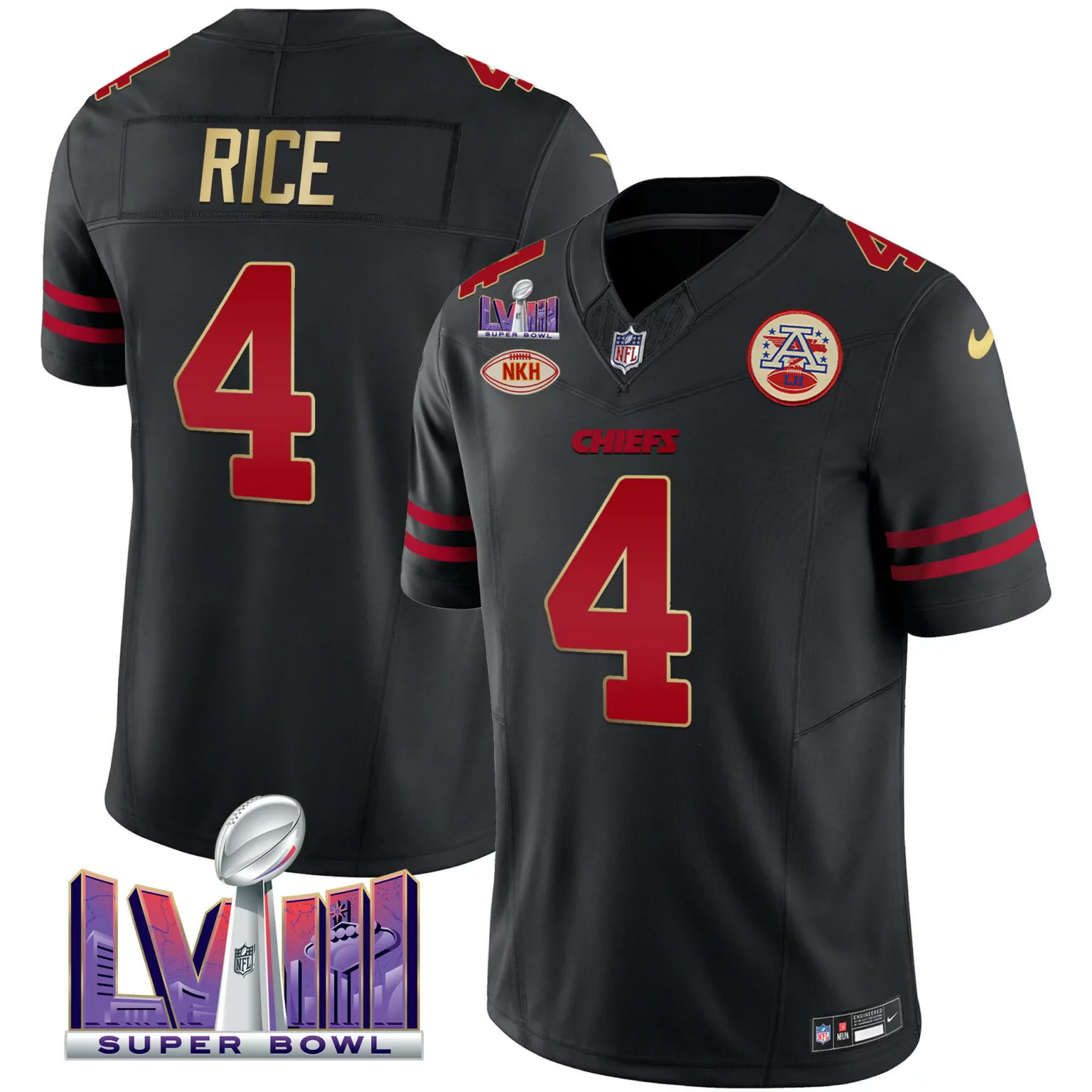 Rashee Rice 4 Chiefs Jersey Black Super Bowl Lvii Men Player Red Gold v2 All Stitched