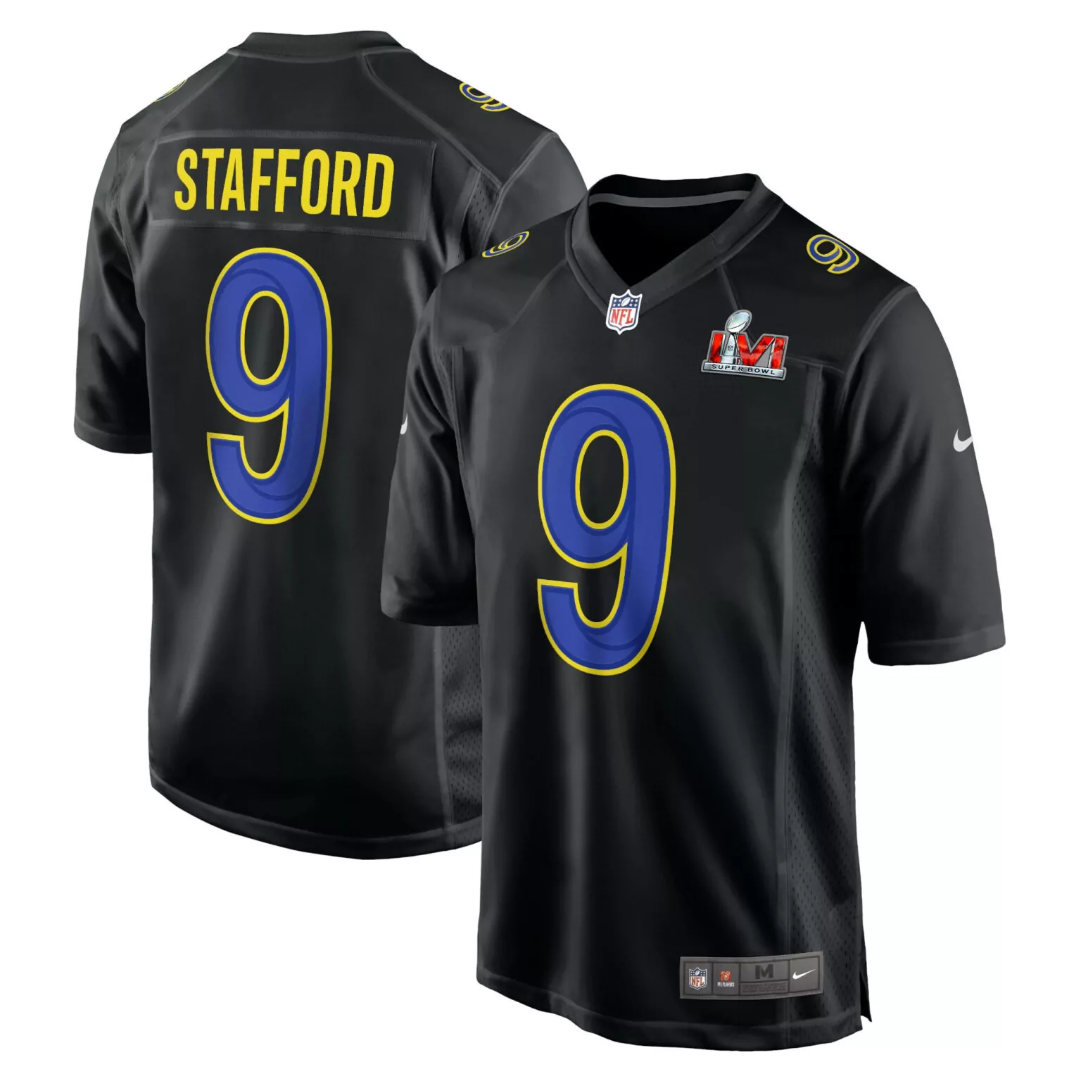 Matthew Stafford 9 Rams Jersey Black Super Bowl Lvi Men Standard Royal Blue Yellow