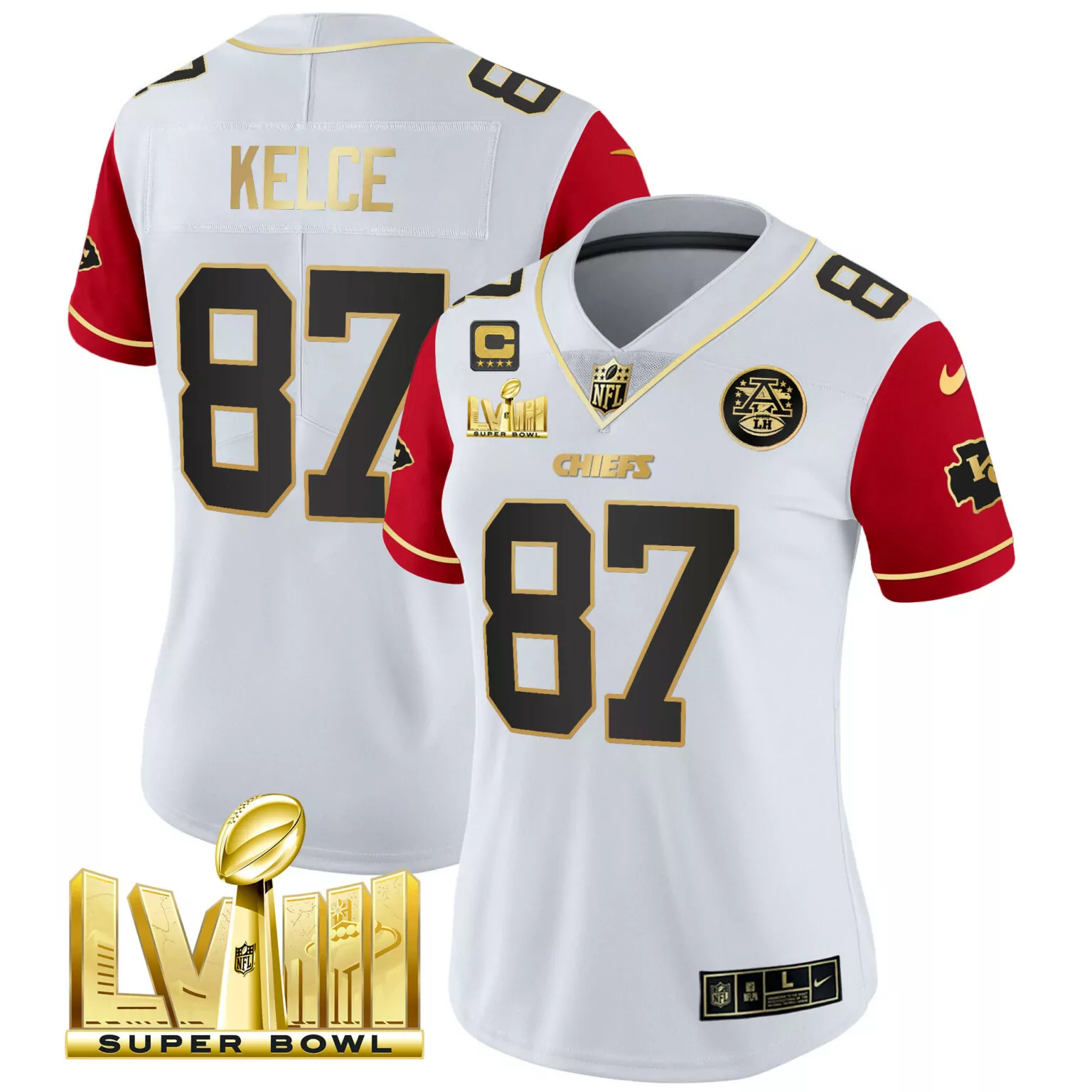 Travis Kelce 87 Chiefs Jersey White Super Bowl Lviii Men Game Red Black Gold v4 All