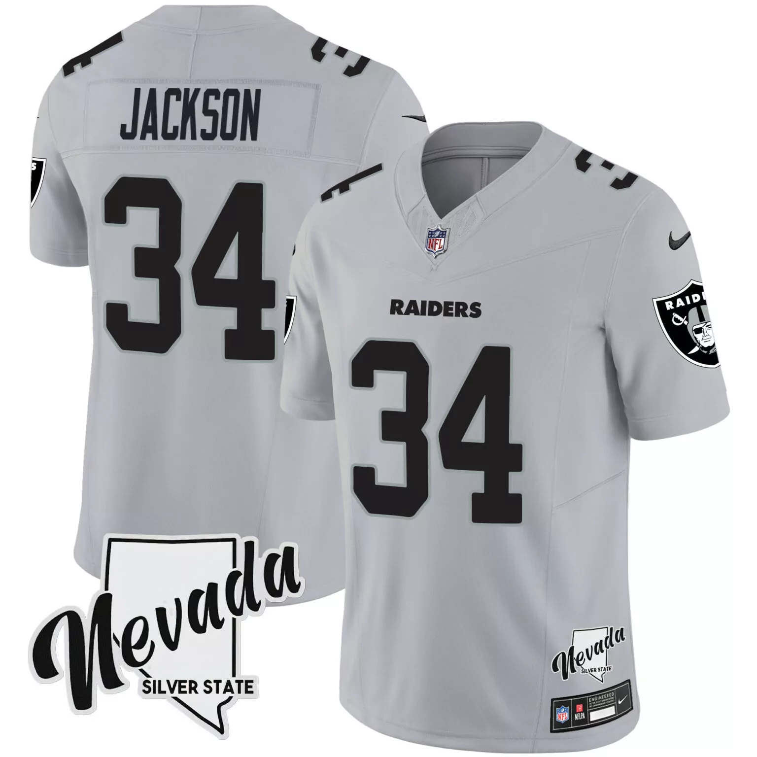 Bo Jackson 34 Raiders Jersey Silver Nevada State Nflpa Men Authentic Black v2 All