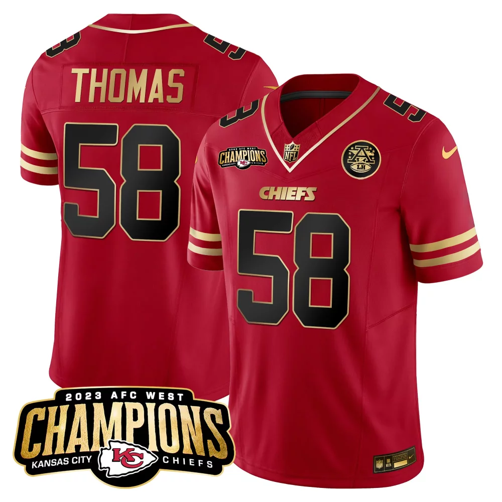 Travis Kelce 58 Jersey Red 2023 AFC West Champions Kansas City Chiefs Men Game Gold