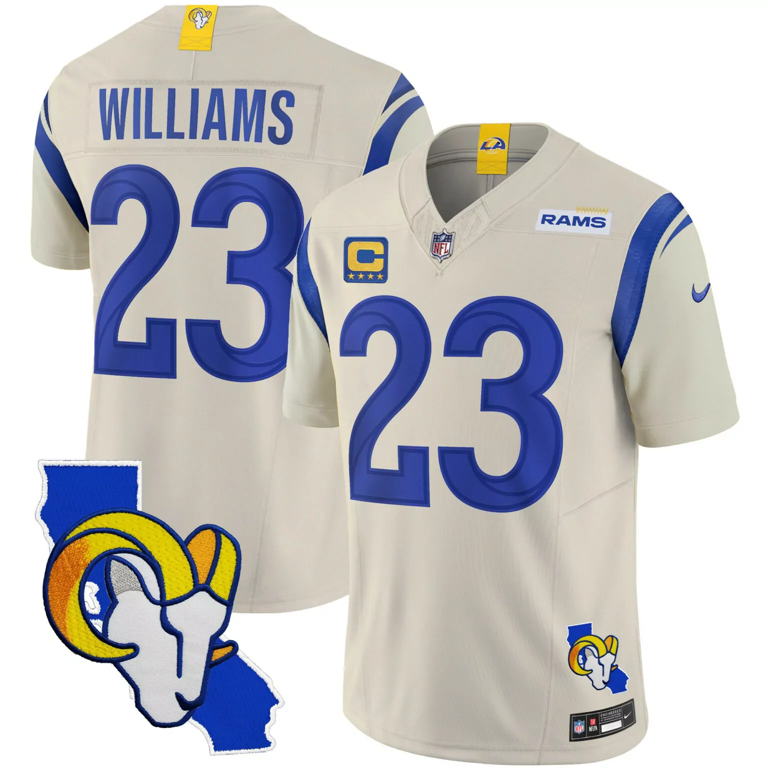 Kyren Williams 23 Rams Jersey Cream California Ram Head Men Player Alternate Royal Blue