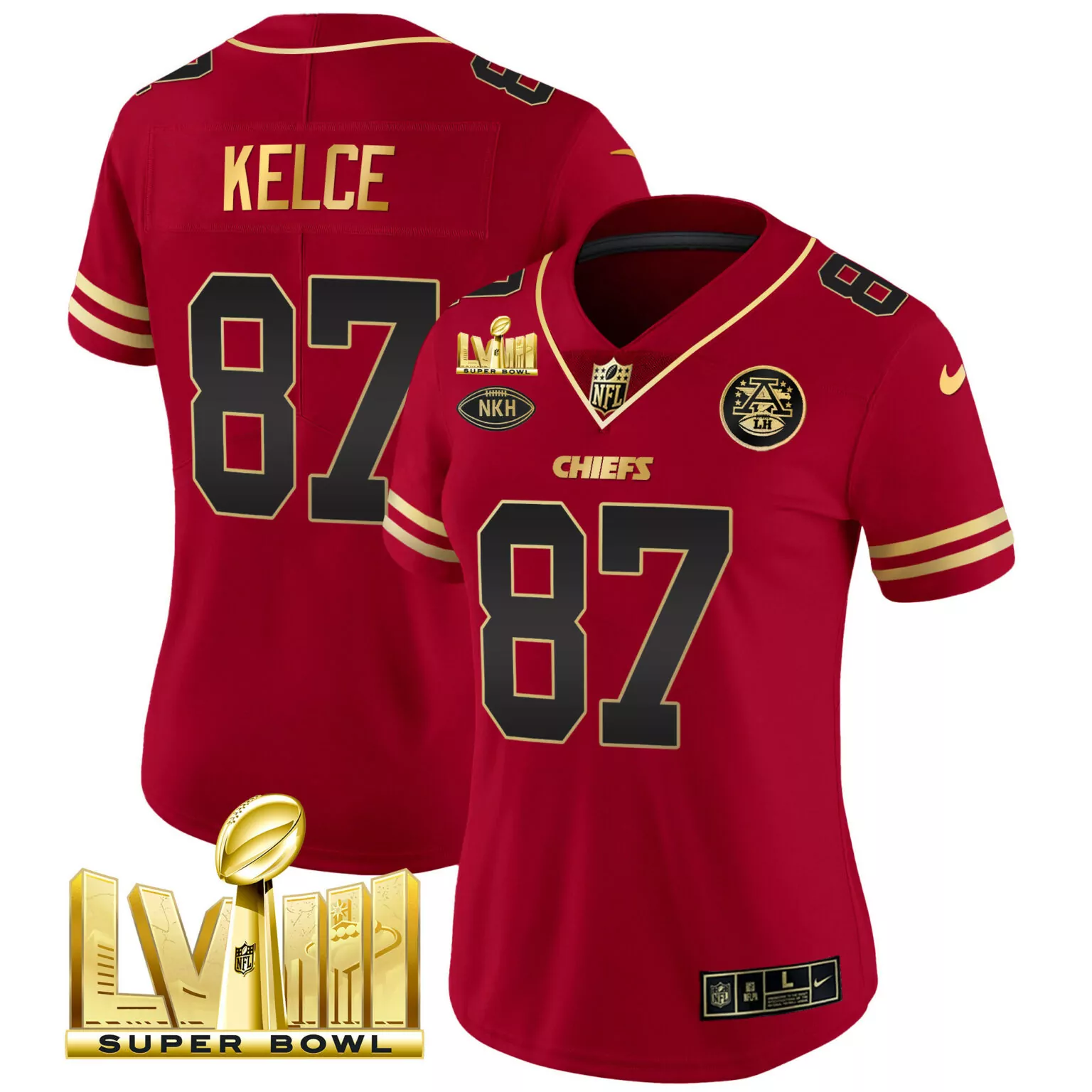 Travis Kelce 87 Chiefs Jersey Red Super Bowl Lviii Nkh 2023 Men Alternate Gold Black