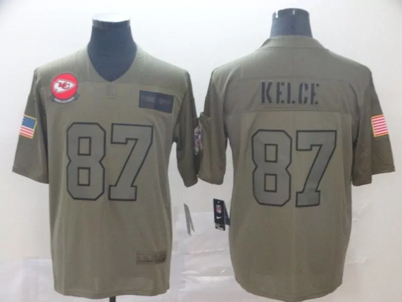Travis Kelce 87 Jersey Olive Green Salute To Service Kansas City Chiefs Us Flag Men