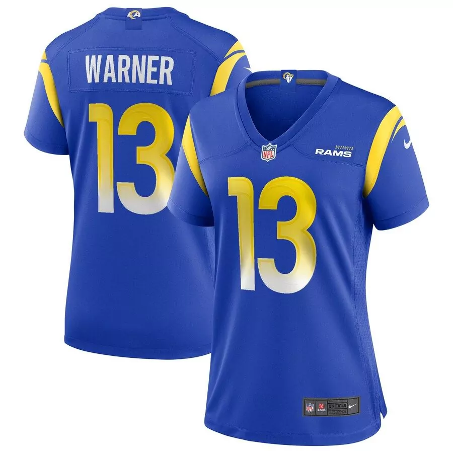 Kurt Warner 13 Rams Jersey Royal Blue Yellow White Game Retired