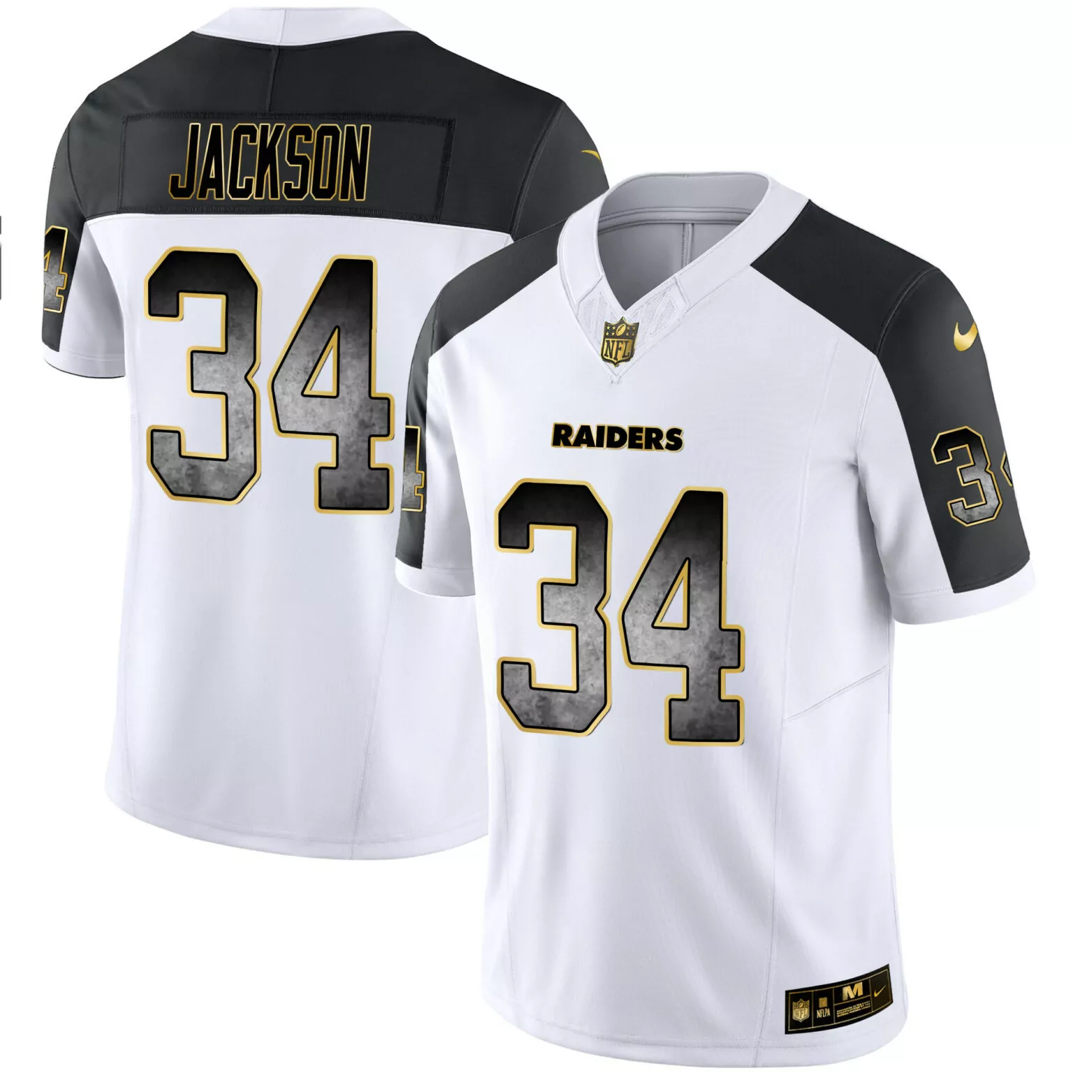 Bo Jackson 34 Raiders Jersey White Men Split Design Black Gold All Stitched