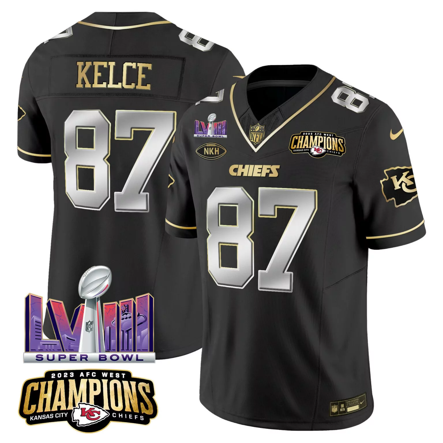 Travis Kelce 87 Jersey Black Super Bowl Lvii Champions Kansas City Chiefs 2023 AFC West