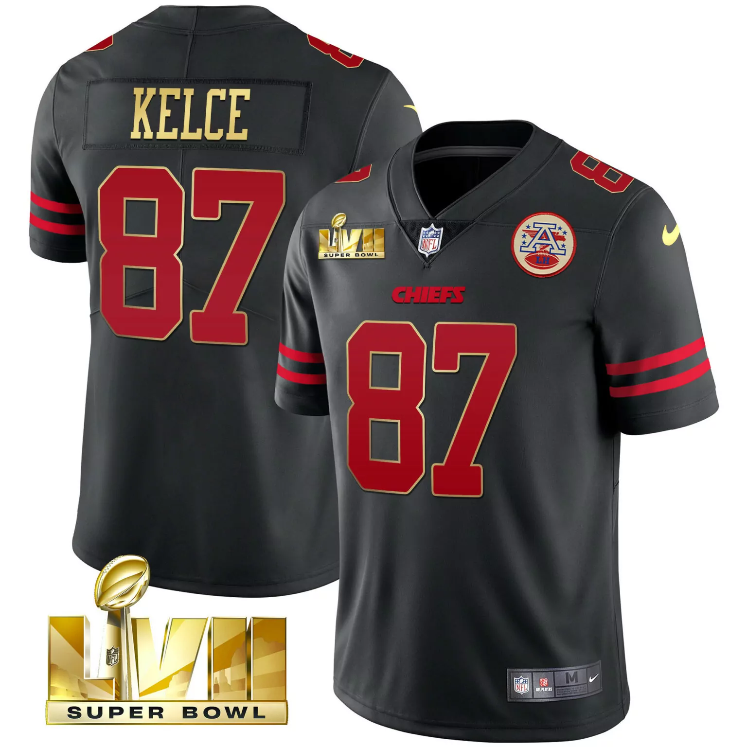Travis Kelce 87 Chiefs Jersey Black Super Bowl Lvii Men Alternate Red Gold All Stitched